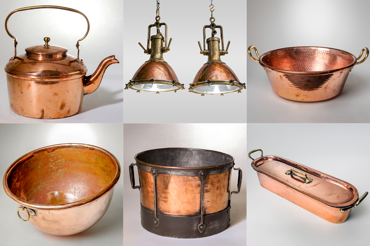 FRENCH COPPER KETTLE, BRASS & COPPER CARGO LAMP, FRENCH COPPER POT, COPPER POT, FRENCH COPPER CAULDRON, FRENCH COPPER FISH POACHER
