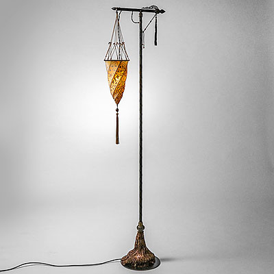 GREEN FORTUNY FLOOR LAMP-SALMON SILK SHADE GREEN FORTUNY FLOOR LAMP-SALMON SILK SHADE